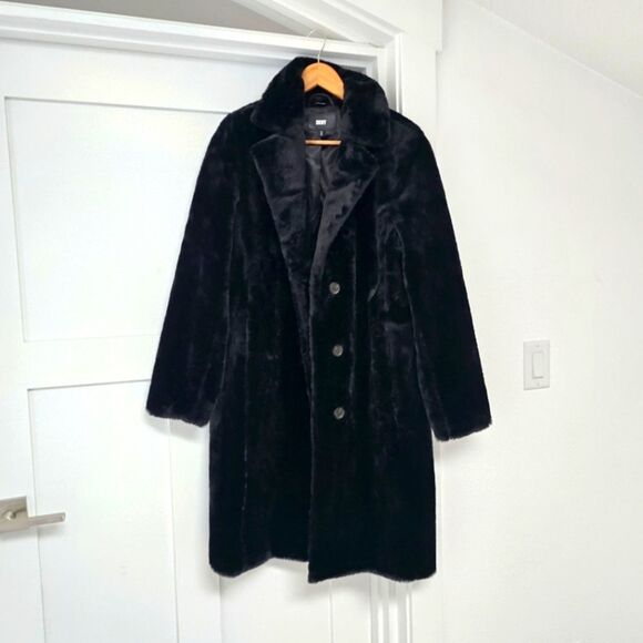 DKNY Faux Fur Long Pea Coat in Black